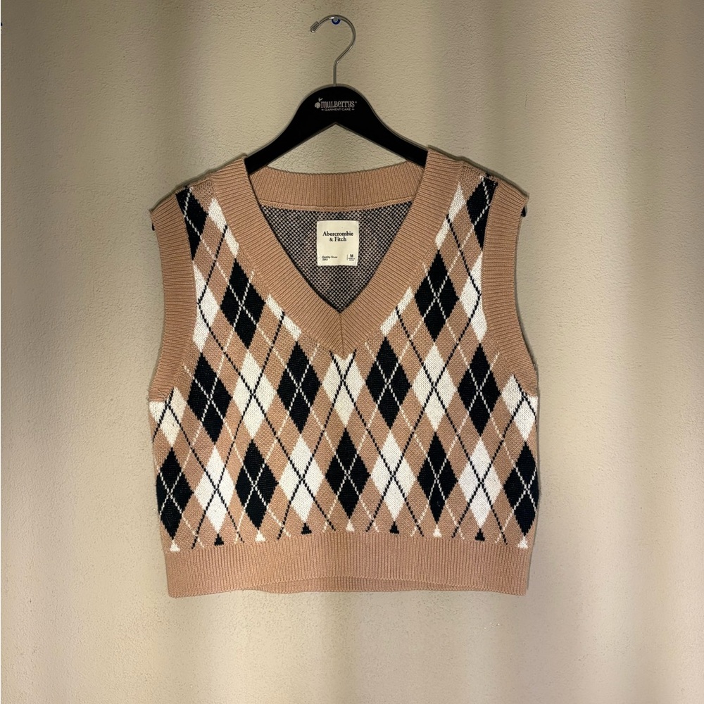 Y2k Abercrombie & Fitch Cropped Sweater Vest Argyle Knit Tan Black White-Medium